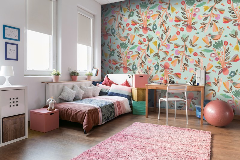 colourful floral painting wallpaper in kids bedroom