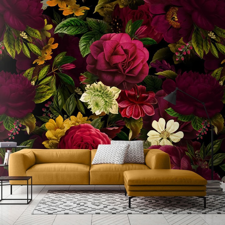 Mustard yellow sofa in a living room with a dark floral wallpaper complementing viva magenta