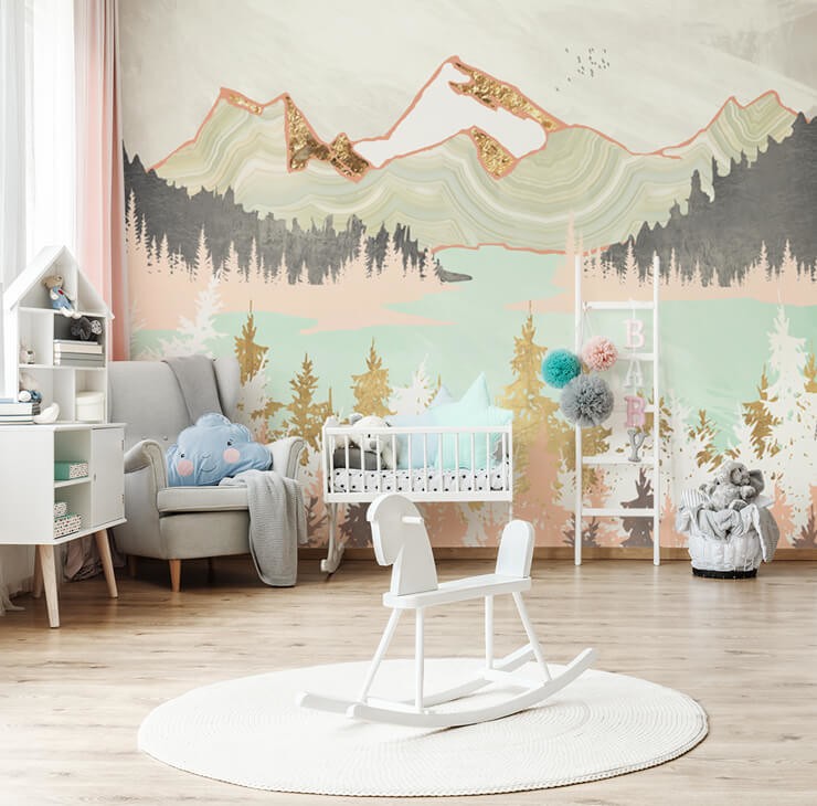 pastel abstract forest wallpaper in girly nursery