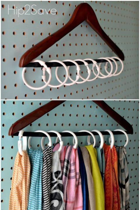 Coathangers used on a door to hold scarves or tinsel