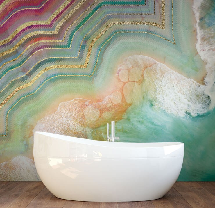 pink and mint green wallpaper in simple bathroom