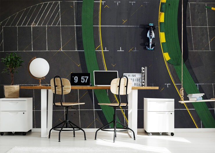 aerial view of green, black and yellow racetrack from Lewis Hamilton race 2015 wallpaper in trendy home office