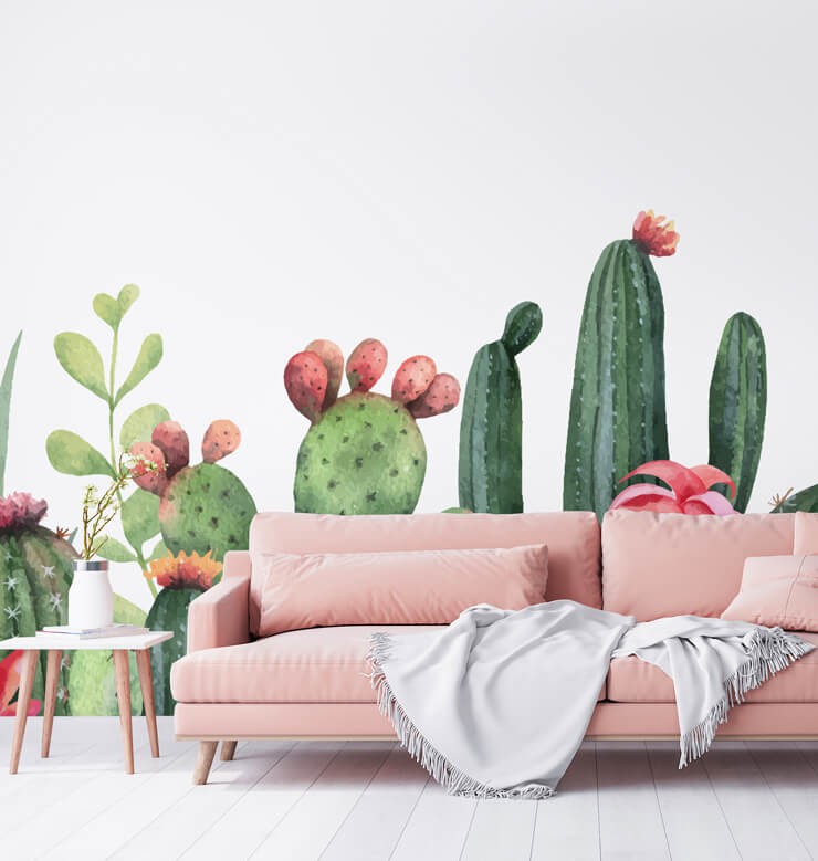 green and pink cacti wallpaper showing how to decorate with plants via wallpaper