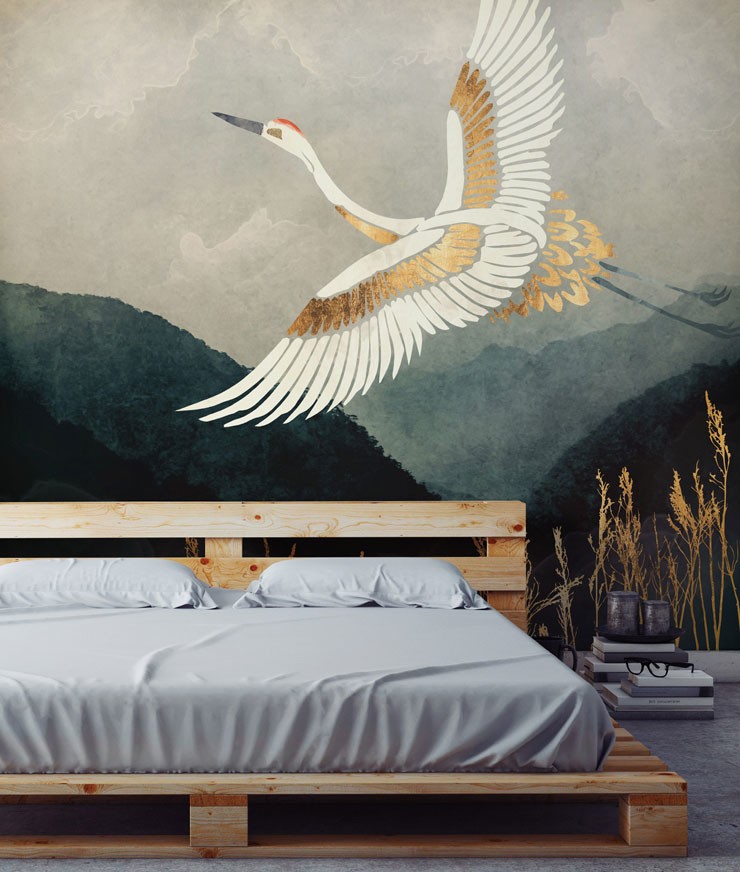 art deco mountan landscape with flying heron wallpaper in minimalist bedroom