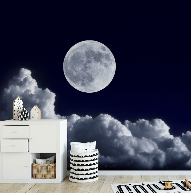 dark blue night sky, clouds and moon wall mural in modern nursery