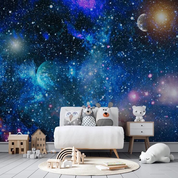 purple and navy galaxy wallpaper in kids black and white bedroom