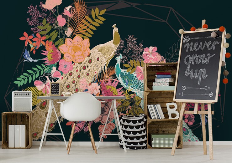 colourful peacocks and flowers on dark background wallpaper in child's study room