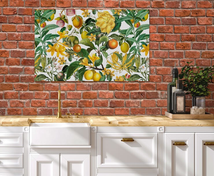 fruity metal print on bricked wall in outdoor kitchen