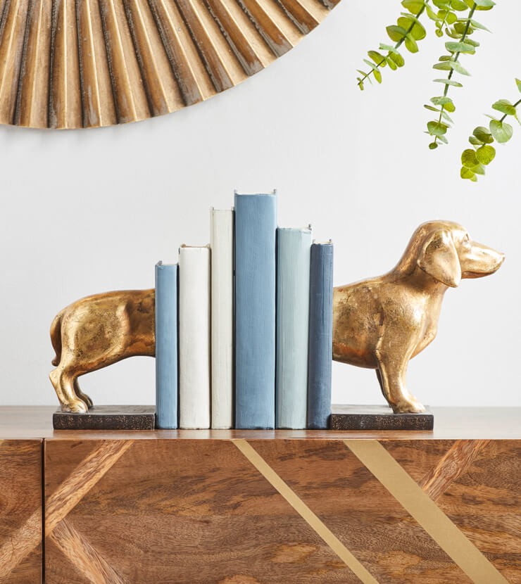 gold sausage dog bookends