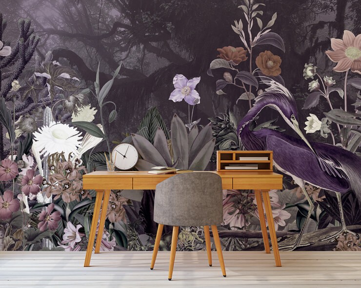 purple dark floral and bird wallpaper in home office