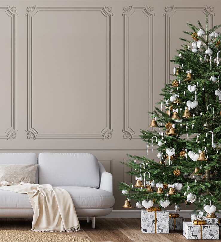 glamorous christmas living room with panel effect wallpaper