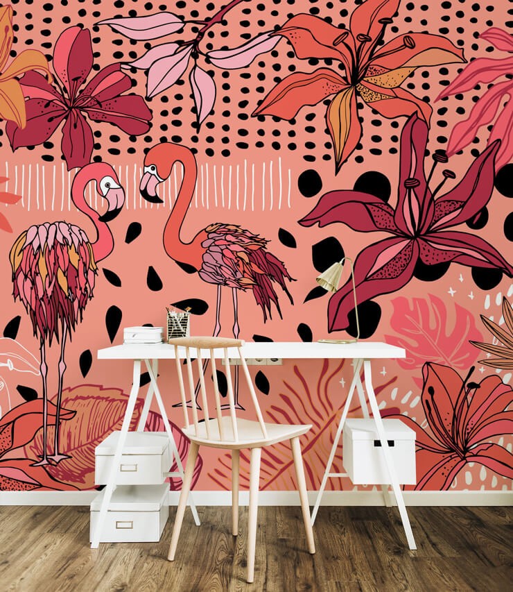 pink flamingo wallpaper in white office