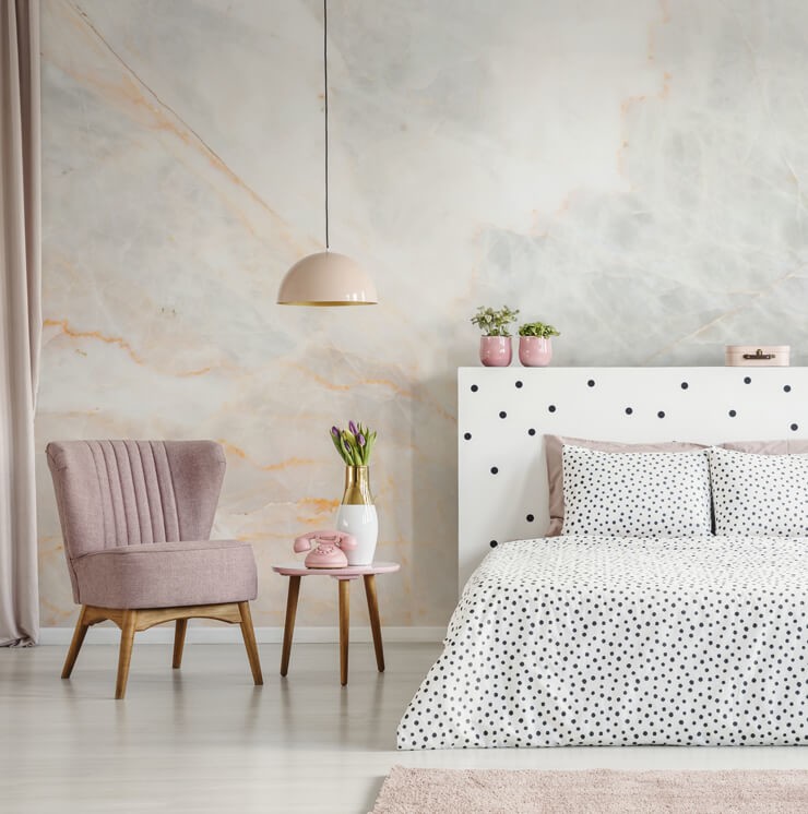 Marble Effect Wallpaper In a Bedroom (Make A Bedroom Look Bigger)