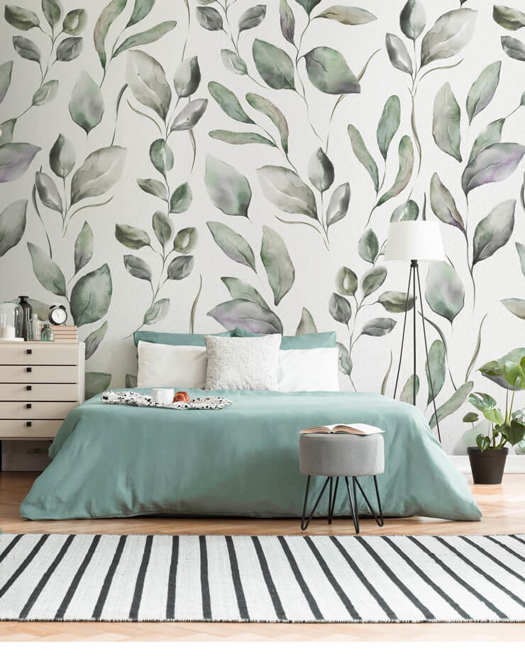 mint green and white leafy wallpaper in neutral bedroom