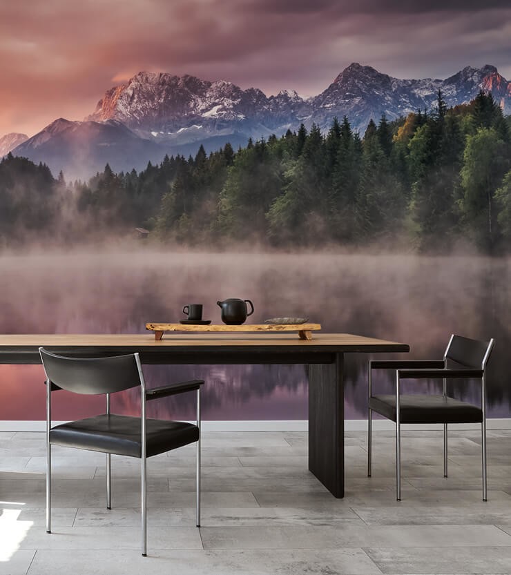 purple tinted misty lake and mountains wallpaper in sleek office meeting room