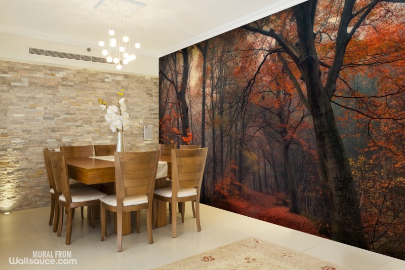 autumn forest wall mural with wooden dining table