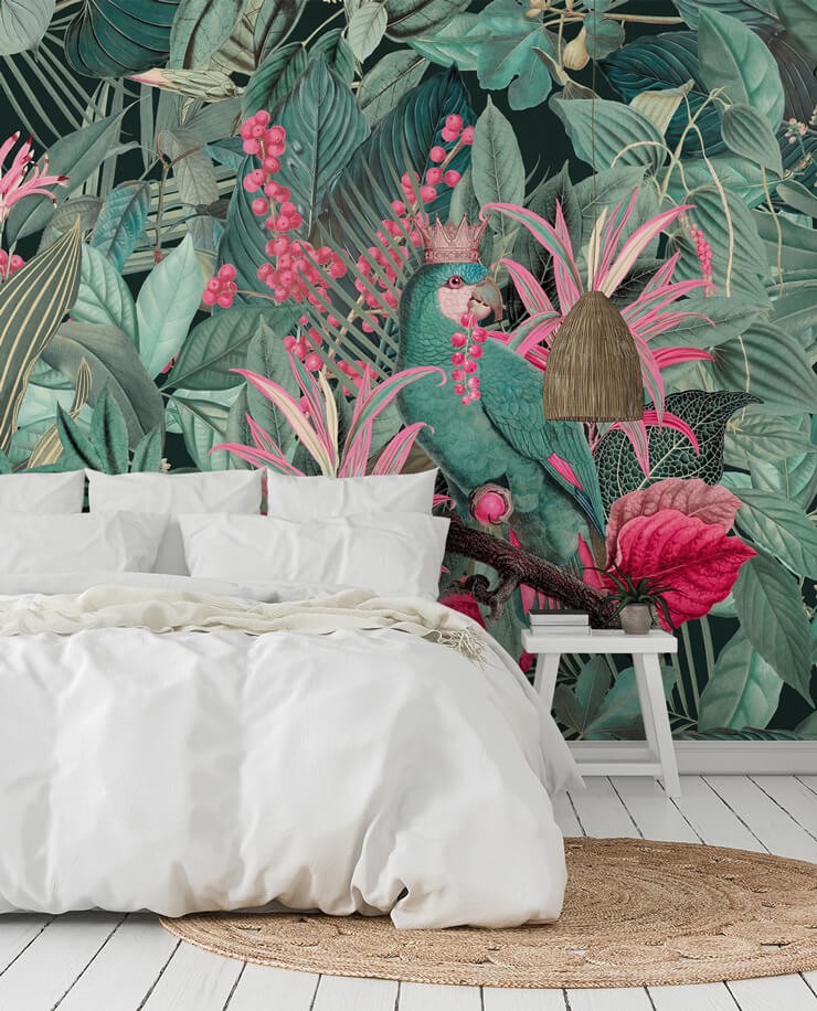 pink and green parrot leaf wallpaper in bedroom
