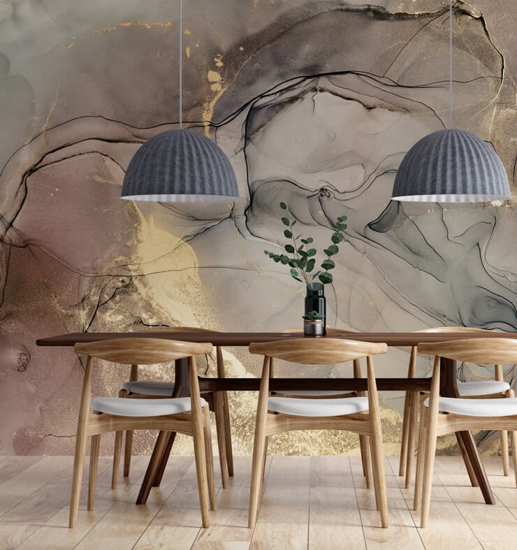 dark watercolour wallpaper in stylish dining room with stick on wallpaper