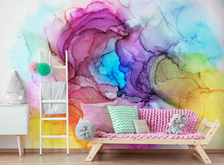 multi coloured inks spread on white paper wallpaper in child's bedroom