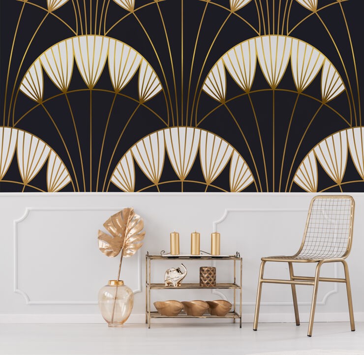 dark feather plum art deco wallpaper in gold and white lounge