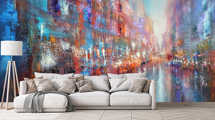 multicoloured abstract painting of a city street wallpaper in grey trendy lounge