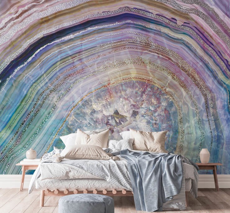 purple and blue geode wallpaper in simple bedroom