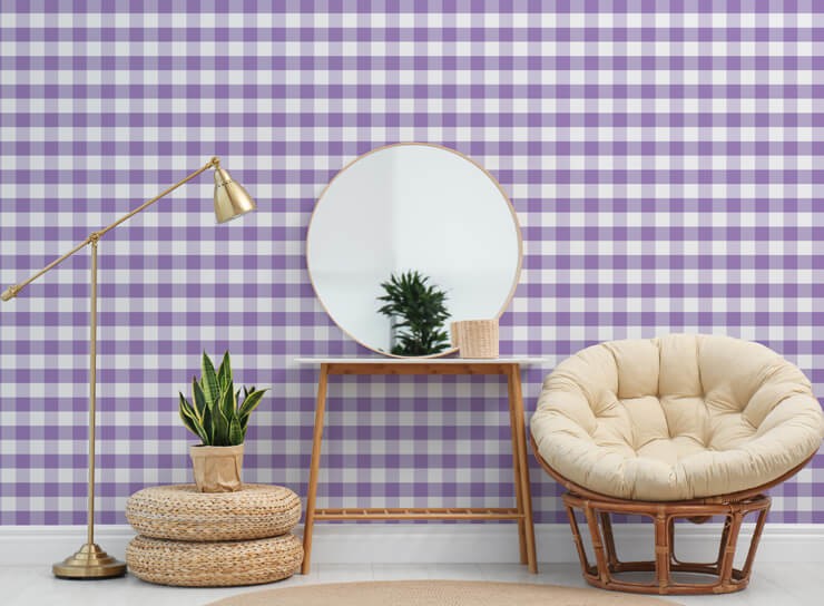 Purple gingham wallpaper in dressing room