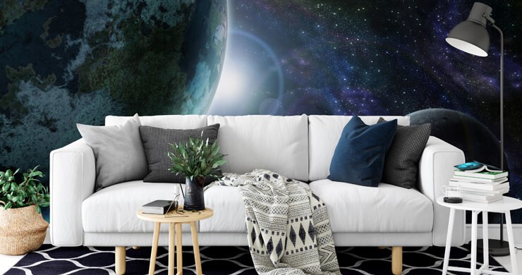 earth from space wallpaper in blue living room