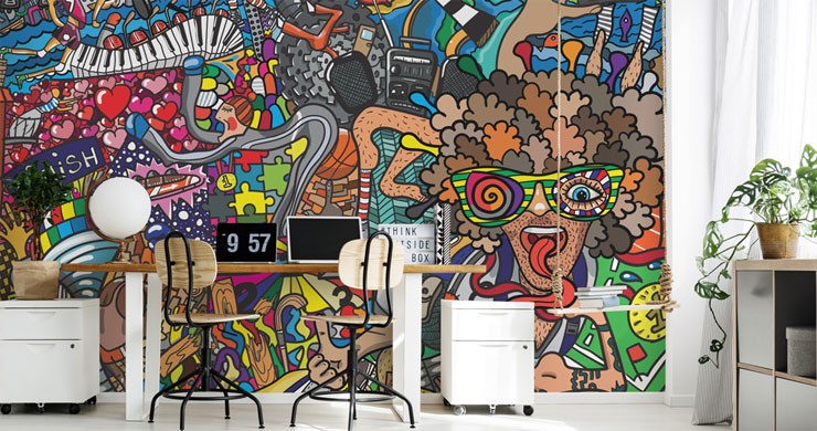 graffiti style cartoon wallpaper in trendy home office