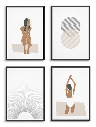 abstract women and black and white circles and sunrise art in frames