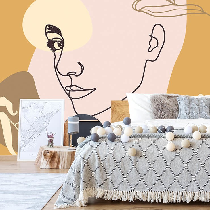 face line art boho wallpaper in trendy bedroom