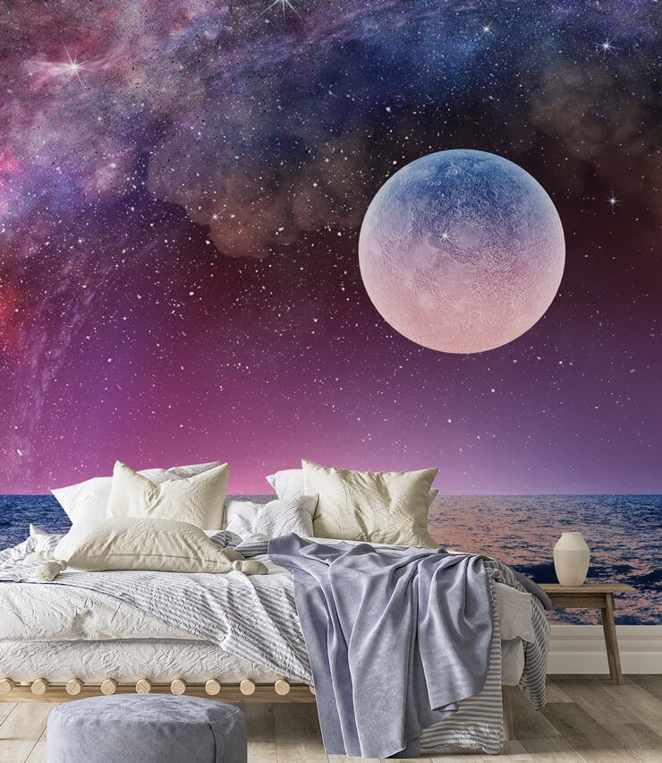 purple and blue night sky wallpaper in neutral guest bedroom