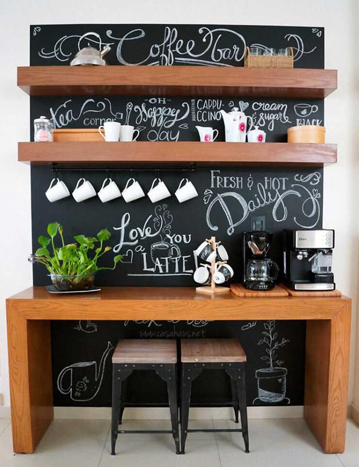 blackboard and floating wooden shelves coffee station