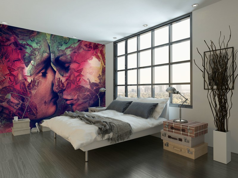 abstract art of people kissing wallpaper in sleek bedroom