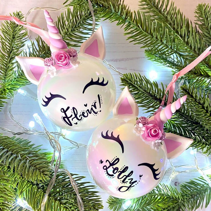 cute white and pink unicorn head baubles
