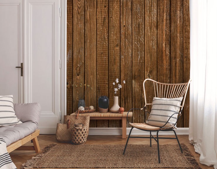 wood paneled wallpaper in scandi lounge
