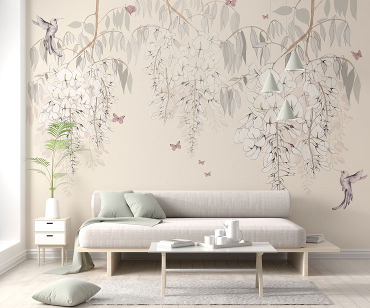 light pink and grey flower, butterfly and hummingbird wallpaper in calming lounge