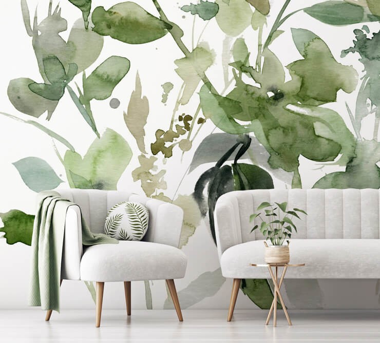 light green and off-white floral watercolor wallpaper in grey and green lounge