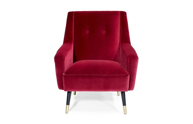 wine red velvet armchair with black and brass legs