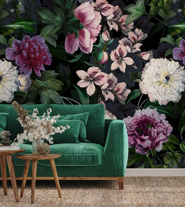 Maximalist dark floral wallpaper in living room