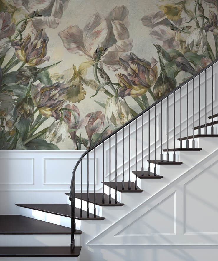 vintage floral wallpaper on a black and white staircase