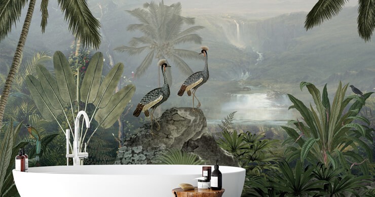 vintage jungle with birds and monkeys wallpaper in rustic bathroom