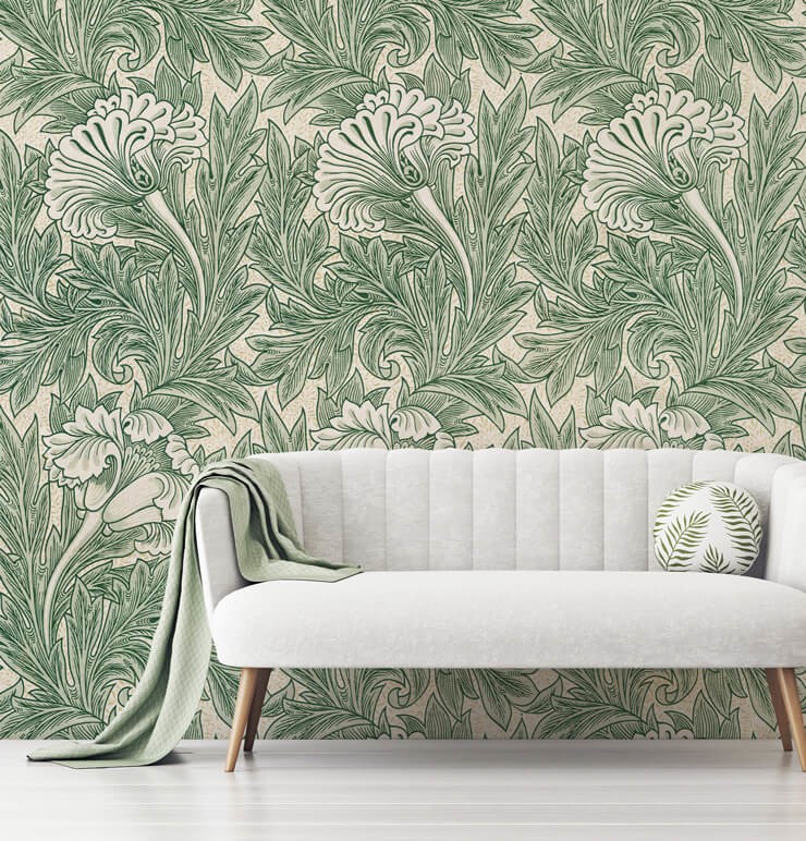 william morris sage green wallpaper in lounge