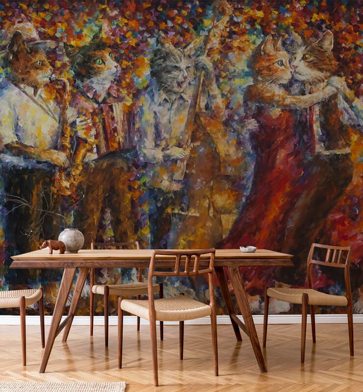 Leonid Afremov's musician cats wallpaper in dining room