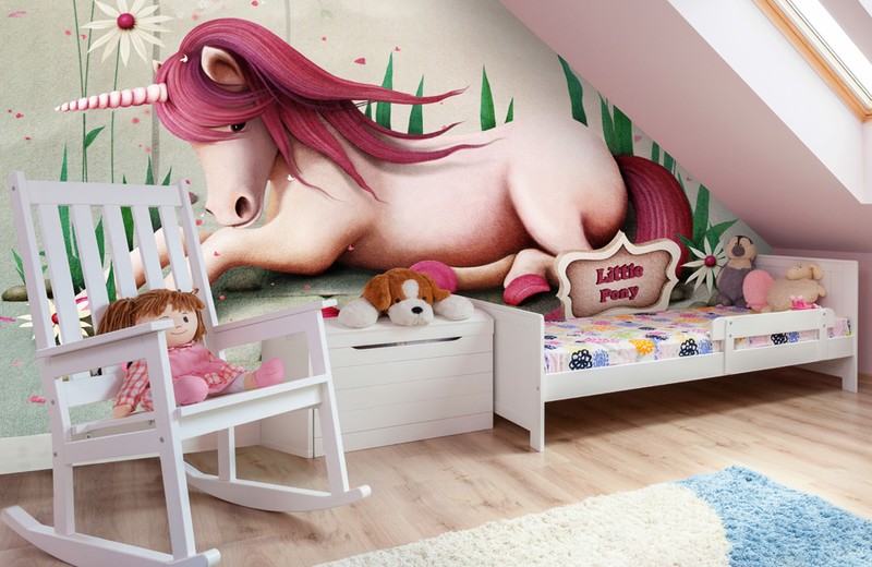 pink unicorn wallpaper in toddlers room