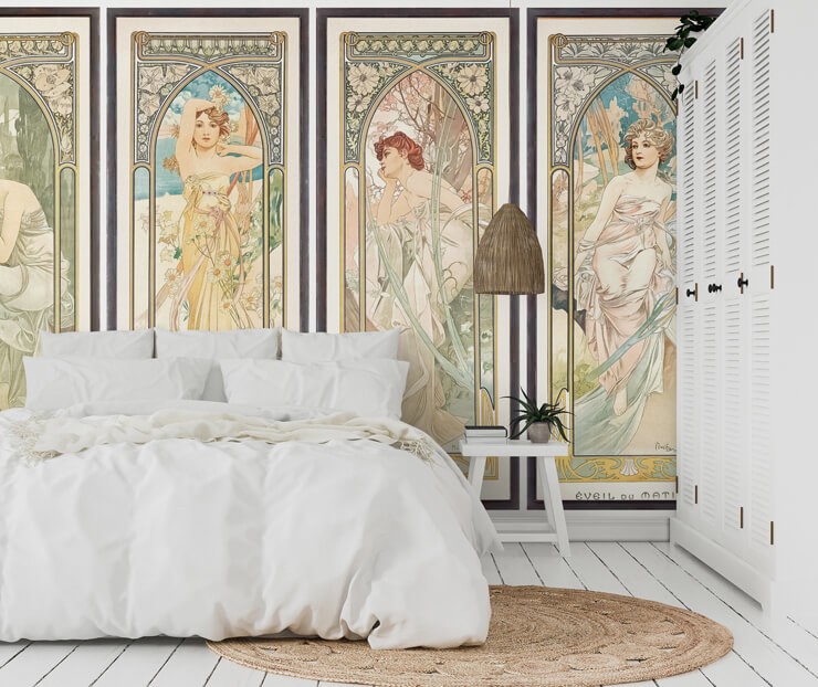 Bedroom with an art nouveau wallpaper behind a bed with crisp white bedsheets