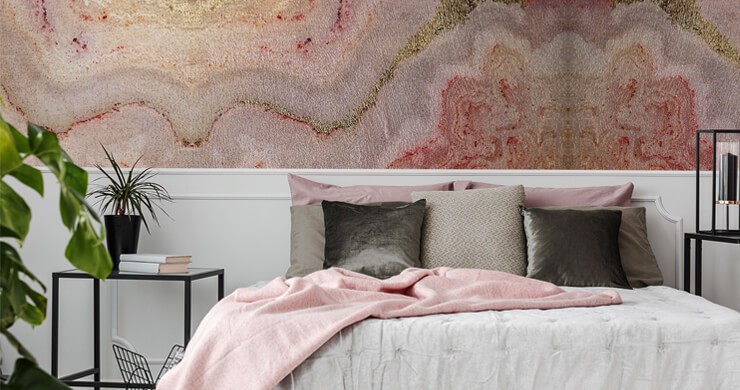 pink marble effect wallpaper in bedroom