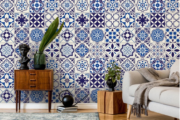 blue and white turkish tile effect wallpaper in stylish lounge