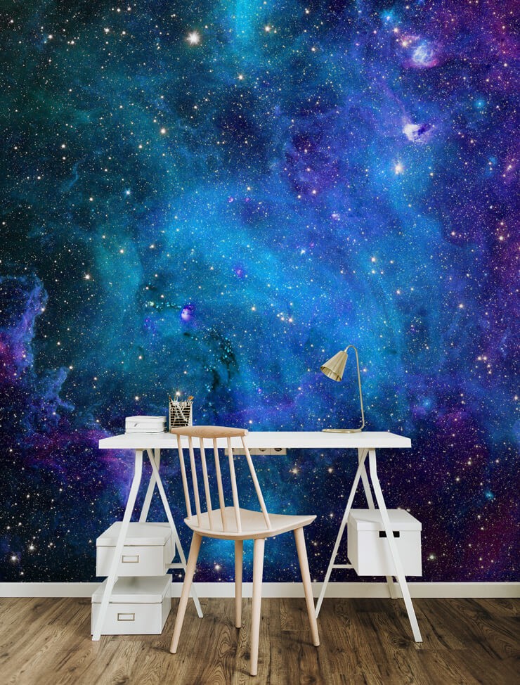 purple and blue star cluster wall mural with white desk area