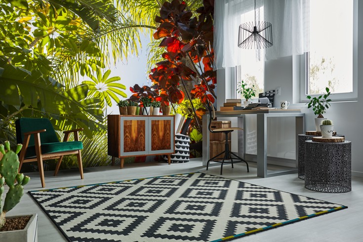 tropical wallpaper feature wall in modern lounge